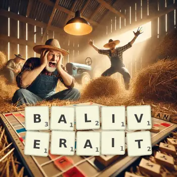 Illustration créative d'un jeu de lettres avec le mot BALIVERAIT épelé sur le plateau.