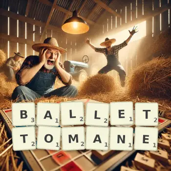 Illustration créative d'un jeu de lettres avec le mot BALLETTOMANE épelé sur le plateau.