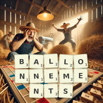 Illustration créative d'un jeu de lettres avec le mot BALLONNEMENTS épelé sur le plateau.