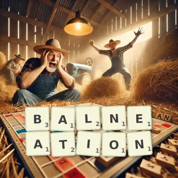 Illustration créative d'un jeu de lettres avec le mot BALNEATION épelé sur le plateau.