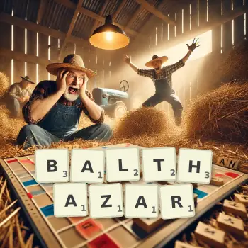 Illustration créative d'un jeu de lettres avec le mot BALTHAZAR épelé sur le plateau.