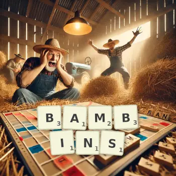 Illustration créative d'un jeu de lettres avec le mot BAMBINS épelé sur le plateau.