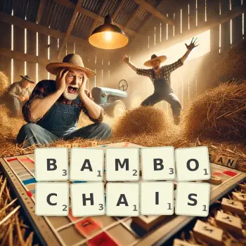Illustration créative d'un jeu de lettres avec le mot BAMBOCHAIS épelé sur le plateau.