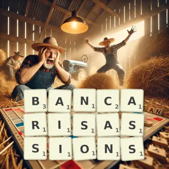 Illustration créative d'un jeu de lettres avec le mot BANCARISASSIONS épelé sur le plateau.