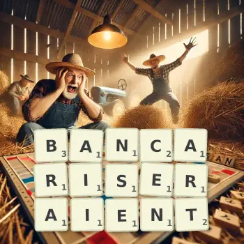 Illustration créative d'un jeu de lettres avec le mot BANCARISERAIENT épelé sur le plateau.