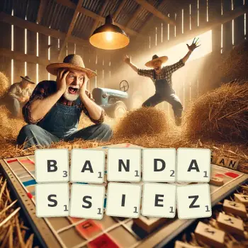 Illustration créative d'un jeu de lettres avec le mot BANDASSIEZ épelé sur le plateau.