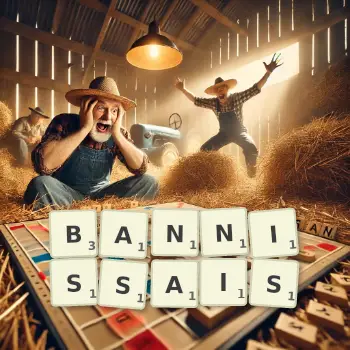 Illustration créative d'un jeu de lettres avec le mot BANNISSAIS épelé sur le plateau.