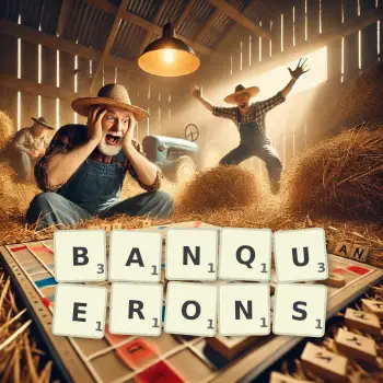 Illustration créative d'un jeu de lettres avec le mot BANQUERONS épelé sur le plateau.