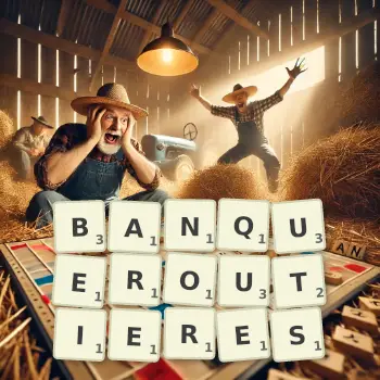 Illustration créative d'un jeu de lettres avec le mot BANQUEROUTIERES épelé sur le plateau.