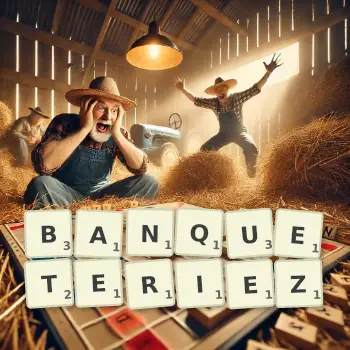 Illustration créative d'un jeu de lettres avec le mot BANQUETERIEZ épelé sur le plateau.