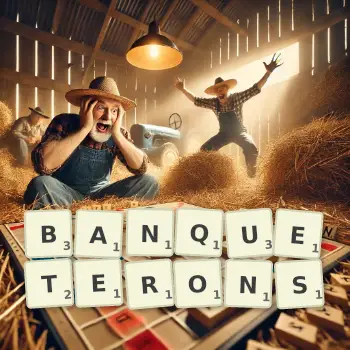 Illustration créative d'un jeu de lettres avec le mot BANQUETERONS épelé sur le plateau.