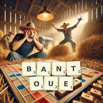 Illustration créative d'un jeu de lettres avec le mot BANTOUE épelé sur le plateau.