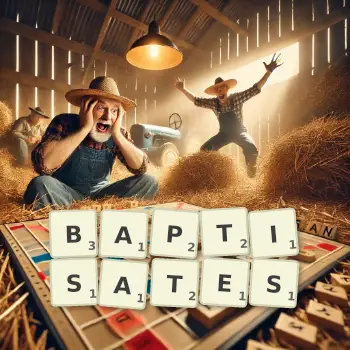 Illustration créative d'un jeu de lettres avec le mot BAPTISATES épelé sur le plateau.