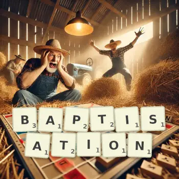 Illustration créative d'un jeu de lettres avec le mot BAPTISATION épelé sur le plateau.