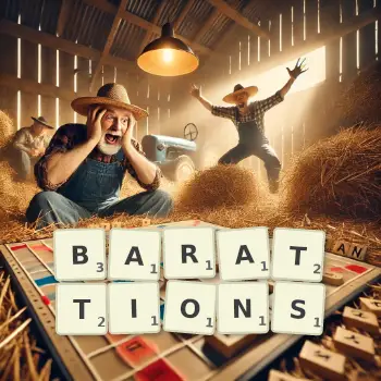 Illustration créative d'un jeu de lettres avec le mot BARATTIONS épelé sur le plateau.