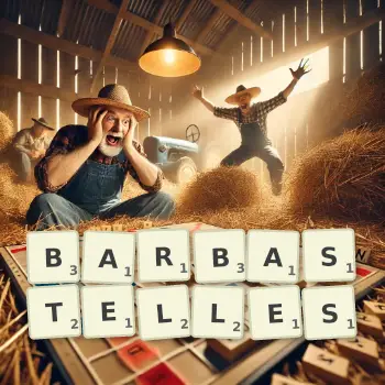 Illustration créative d'un jeu de lettres avec le mot BARBASTELLES épelé sur le plateau.