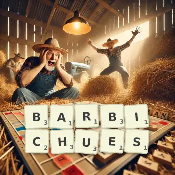 Illustration créative d'un jeu de lettres avec le mot BARBICHUES épelé sur le plateau.