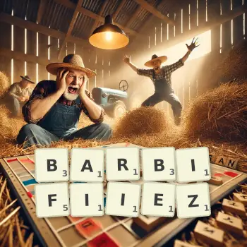 Illustration créative d'un jeu de lettres avec le mot BARBIFIIEZ épelé sur le plateau.