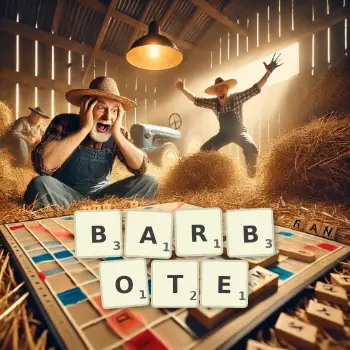 Illustration créative d'un jeu de lettres avec le mot BARBOTE épelé sur le plateau.