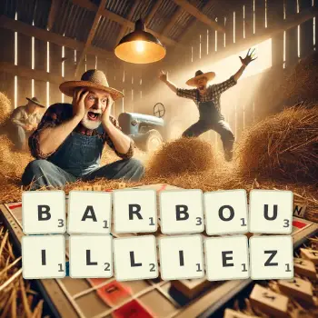 Illustration créative d'un jeu de lettres avec le mot BARBOUILLIEZ épelé sur le plateau.