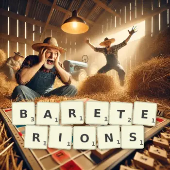 Illustration créative d'un jeu de lettres avec le mot BARETERIONS épelé sur le plateau.