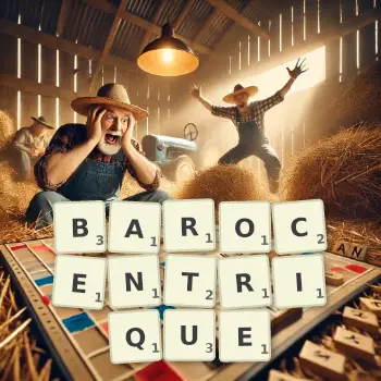 Illustration créative d'un jeu de lettres avec le mot BAROCENTRIQUE épelé sur le plateau.