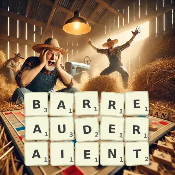 Illustration créative d'un jeu de lettres avec le mot BARREAUDERAIENT épelé sur le plateau.