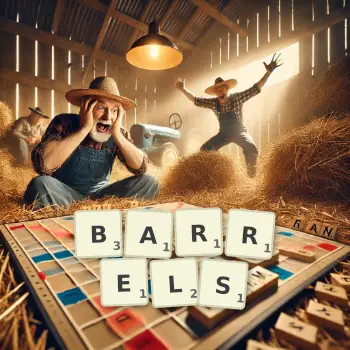 Illustration créative d'un jeu de lettres avec le mot BARRELS épelé sur le plateau.