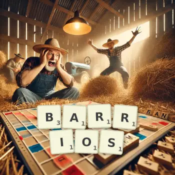 Illustration créative d'un jeu de lettres avec le mot BARRIOS épelé sur le plateau.