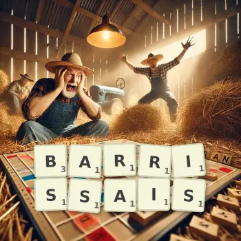 Illustration créative d'un jeu de lettres avec le mot BARRISSAIS épelé sur le plateau.