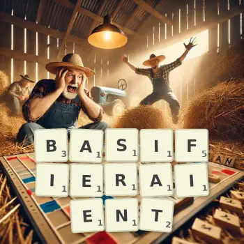 Illustration créative d'un jeu de lettres avec le mot BASIFIERAIENT épelé sur le plateau.