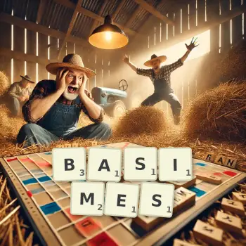 Illustration créative d'un jeu de lettres avec le mot BASIMES épelé sur le plateau.