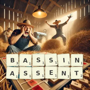 Illustration créative d'un jeu de lettres avec le mot BASSINASSENT épelé sur le plateau.