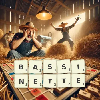 Illustration créative d'un jeu de lettres avec le mot BASSINETTE épelé sur le plateau.