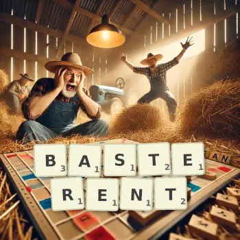 Illustration créative d'un jeu de lettres avec le mot BASTERENT épelé sur le plateau.