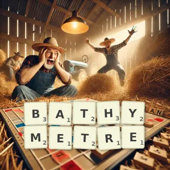 Illustration créative d'un jeu de lettres avec le mot BATHYMETRE épelé sur le plateau.