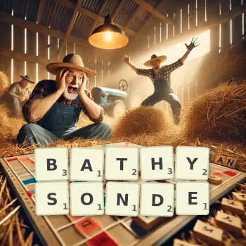 Illustration créative d'un jeu de lettres avec le mot BATHYSONDE épelé sur le plateau.