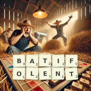 Illustration créative d'un jeu de lettres avec le mot BATIFOLENT épelé sur le plateau.