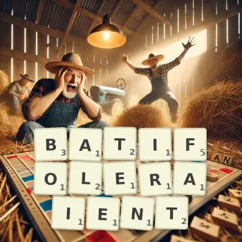 Illustration créative d'un jeu de lettres avec le mot BATIFOLERAIENT épelé sur le plateau.