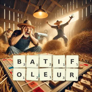 Illustration créative d'un jeu de lettres avec le mot BATIFOLEUR épelé sur le plateau.