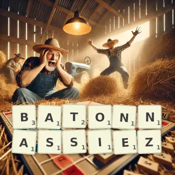 Illustration créative d'un jeu de lettres avec le mot BATONNASSIEZ épelé sur le plateau.