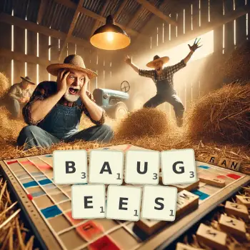 Illustration créative d'un jeu de lettres avec le mot BAUGEES épelé sur le plateau.