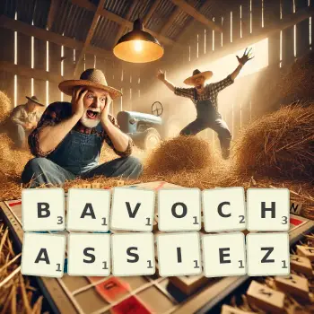 Illustration créative d'un jeu de lettres avec le mot BAVOCHASSIEZ épelé sur le plateau.