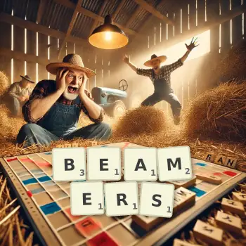 Illustration créative d'un jeu de lettres avec le mot BEAMERS épelé sur le plateau.