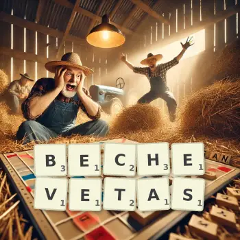 Illustration créative d'un jeu de lettres avec le mot BECHEVETAS épelé sur le plateau.