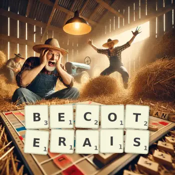 Illustration créative d'un jeu de lettres avec le mot BECOTERAIS épelé sur le plateau.