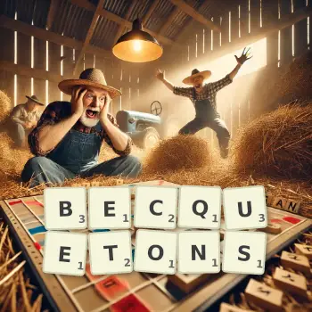 Illustration créative d'un jeu de lettres avec le mot BECQUETONS épelé sur le plateau.