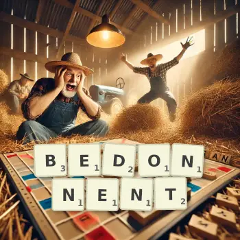 Illustration créative d'un jeu de lettres avec le mot BEDONNENT épelé sur le plateau.