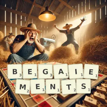 Illustration créative d'un jeu de lettres avec le mot BEGAIEMENTS épelé sur le plateau.