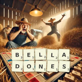 Illustration créative d'un jeu de lettres avec le mot BELLADONES épelé sur le plateau.
